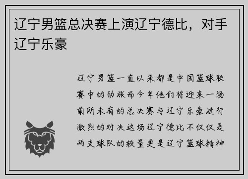 辽宁男篮总决赛上演辽宁德比，对手辽宁乐豪